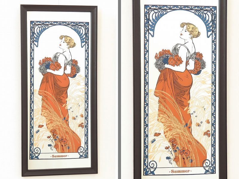 ミュシャの「四季（春・夏・秋・冬）」4枚セットの古い壁掛け鏡