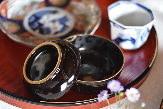 能登輪島塗 黒漆塗 みこみ見返し図 雲に鳳凰 煮物椀 外黒内模様菓子碗