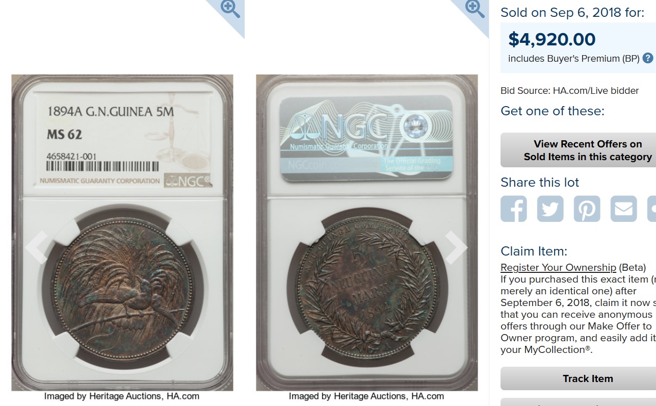 銀貨と言えばこれ！】ドイツ領ニューギニア 1894年 極楽鳥 5マルク銀貨