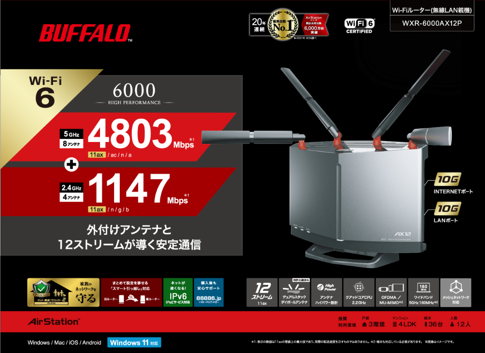 バッファローからWi-Fi 6対応ルーター「WXR-6000AX12P」を2月上旬に
