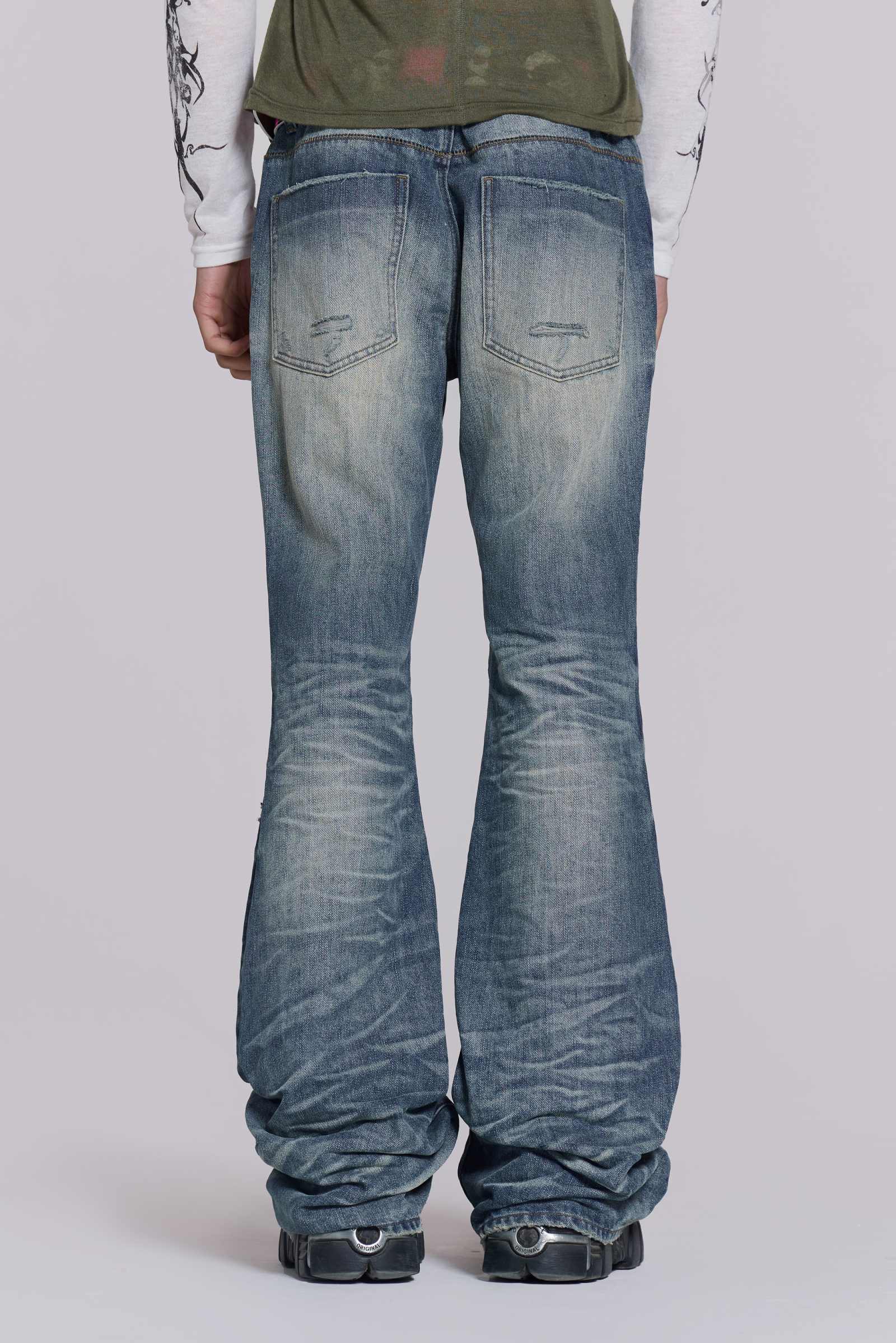 Mid Blue Distressed Creased Drift Bootcut Jeans | Jaded London