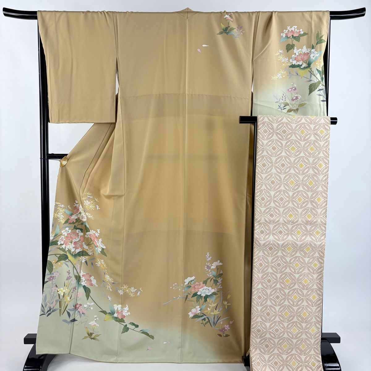 美品】 訪問着 身丈168cm 裄丈68.5cm L 袷 袋帯セット 落款 草花