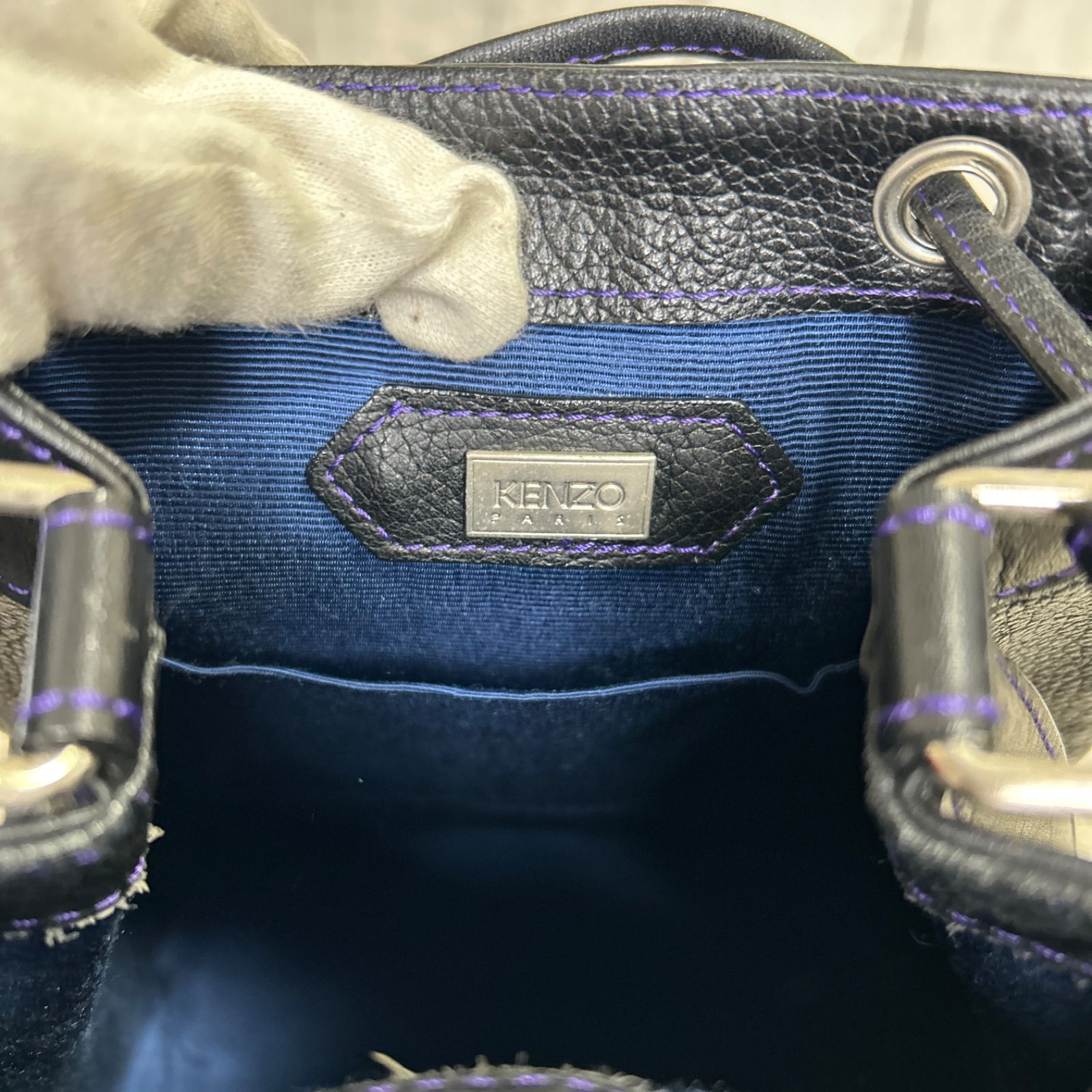 KENZO 巾着 ショルダーバッグ レザー ロゴ ブラック お買い得品 紫