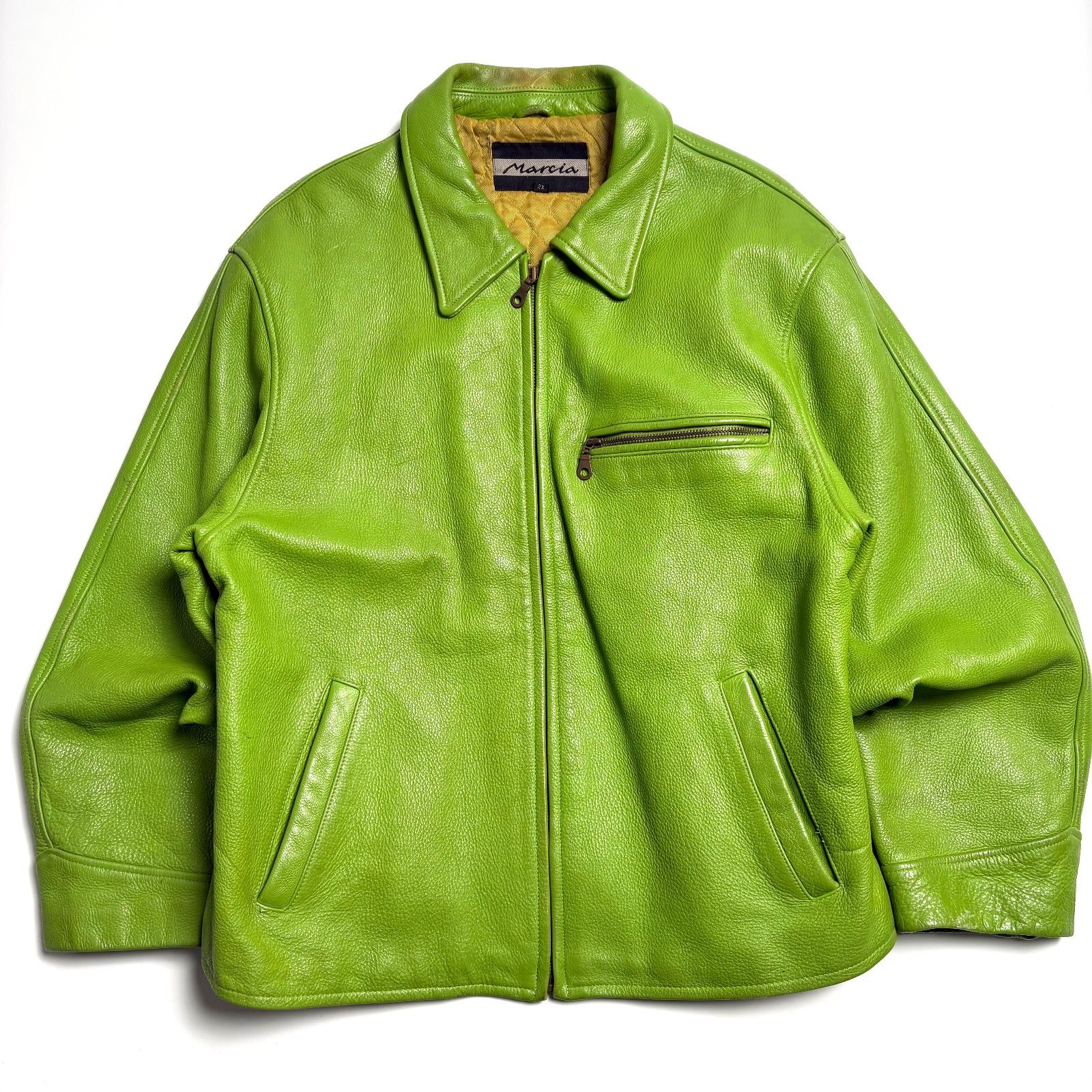 本革】Marcia レザー ライダースジャケット 緑 2XL シングル 襟付き