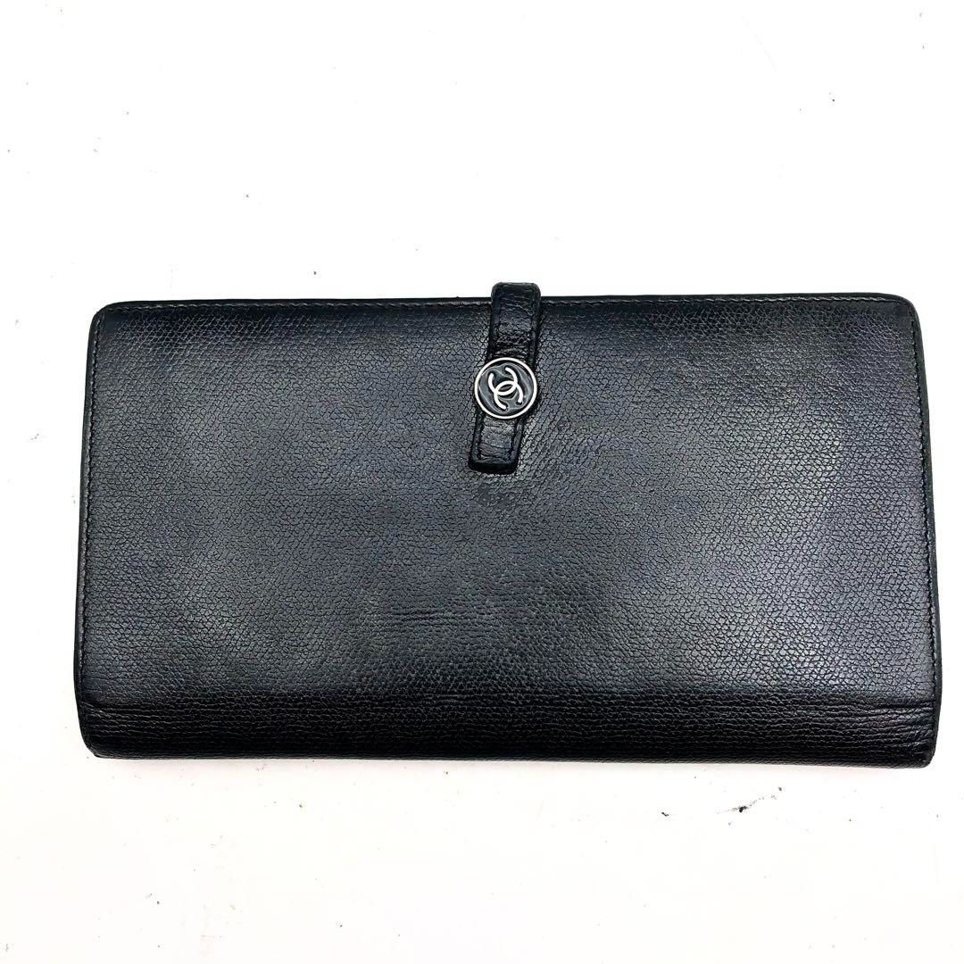 シャネル 長財布 ココボタン ラムスキン 黒 2つ折り Wホック FS692