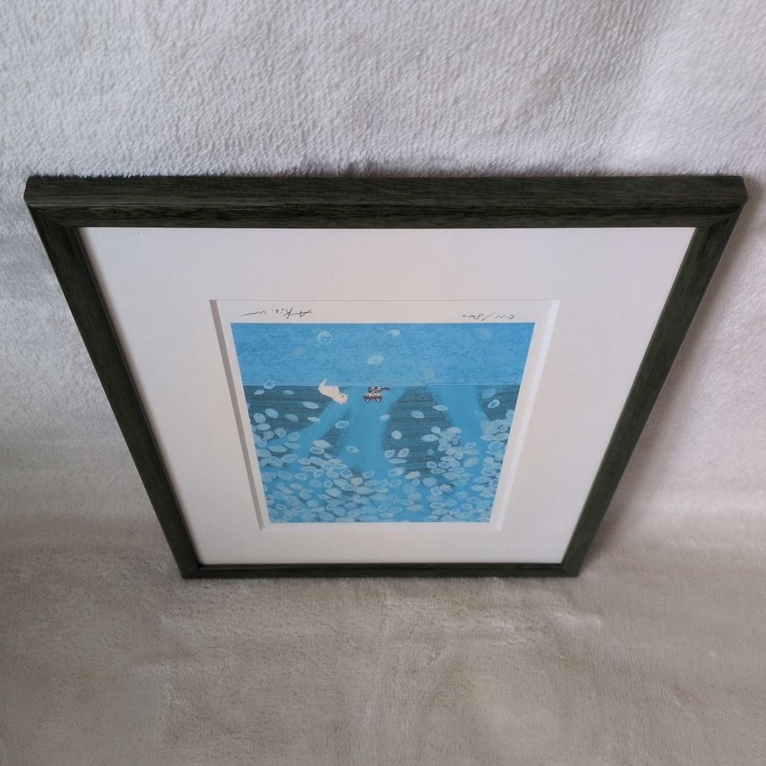 限定版800部 渡辺あきお ダイヤモンドスクリーン版画 猫2匹 サイン