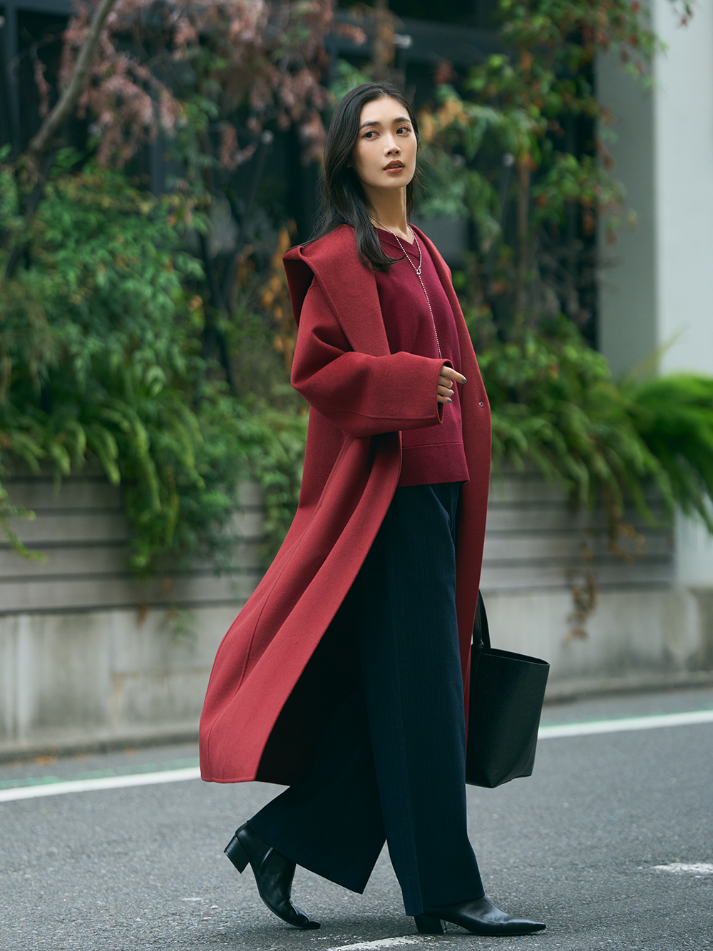 ウールブレンドリバーフーディーロングコート、ウールミックススムース