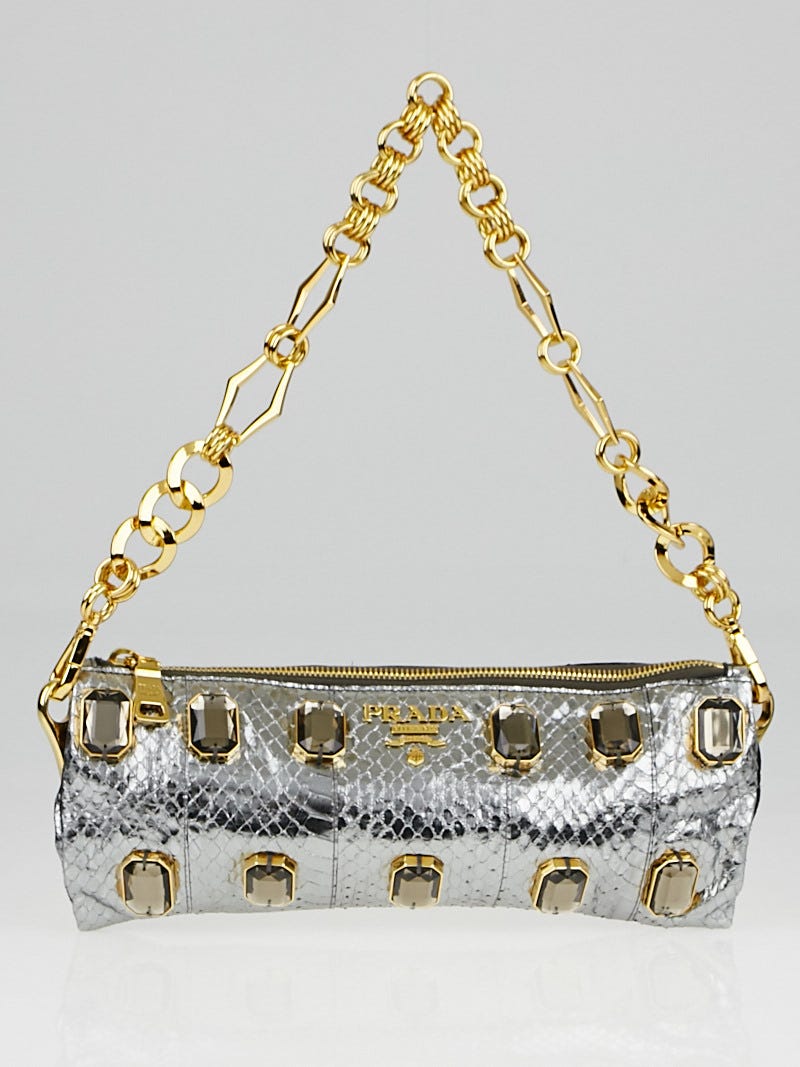 Prada Silver Metallic Snakeskin Jeweled Chain Clutch Bag BP0250