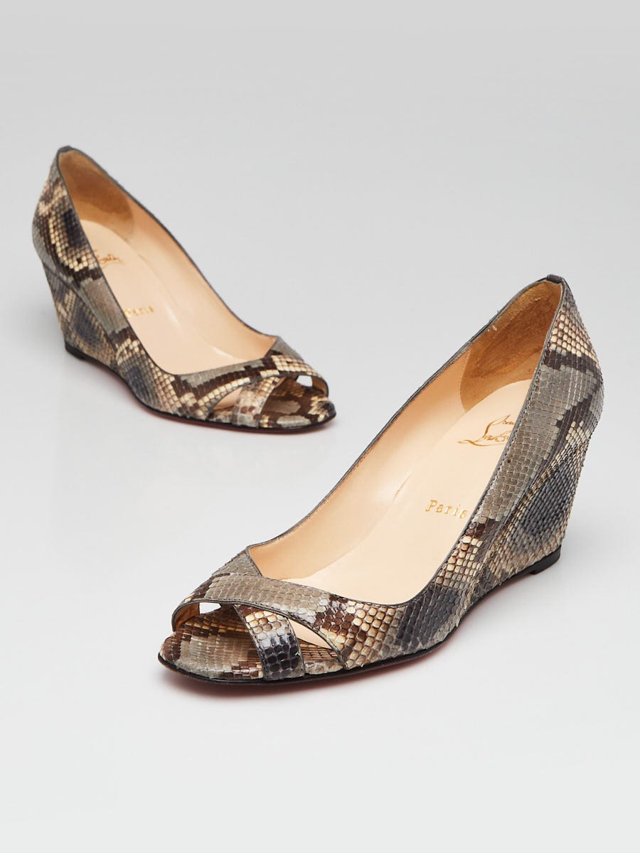 Christian Louboutin Grey Python Riveto 70 Peep Toe Wedges Size 6.5