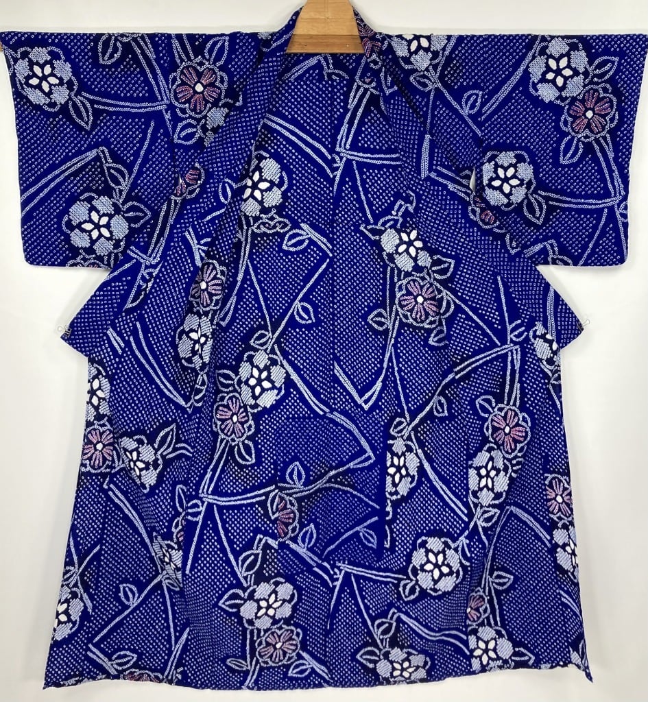 浴衣 有松鳴海絞り 桐の花 ネイビー 藍染 リーフ 着物 063a d有松絞り