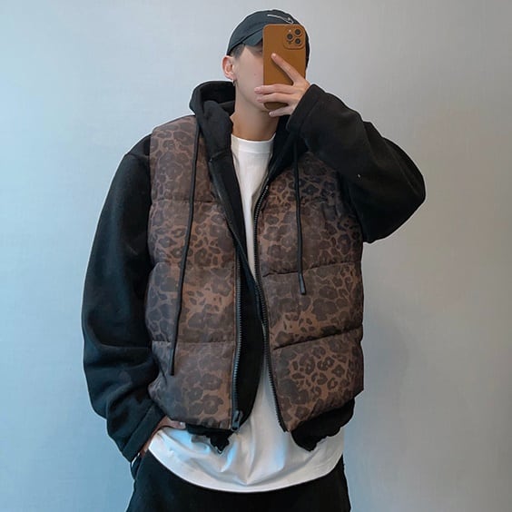 予約販売】ダウンベスト アウター ジップアップ アニマル柄 ヒョウ柄