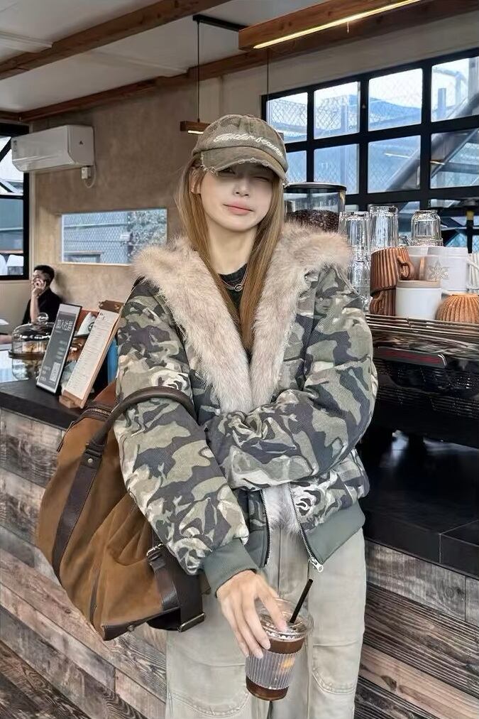 迷彩柄 ファー パーカー ジップアップ カモフラ 韓国 ストリート系 Y2K