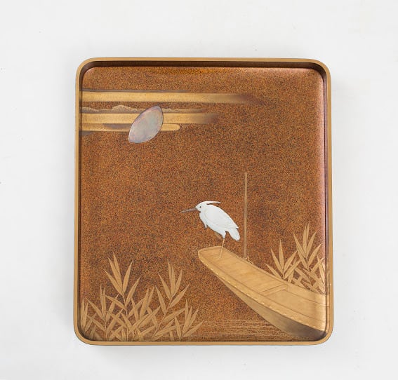 葦鷺図 サギ 芦 アシ 水辺 水草 月 鳥 水草 蒔絵 硯箱 梨地 梨子地