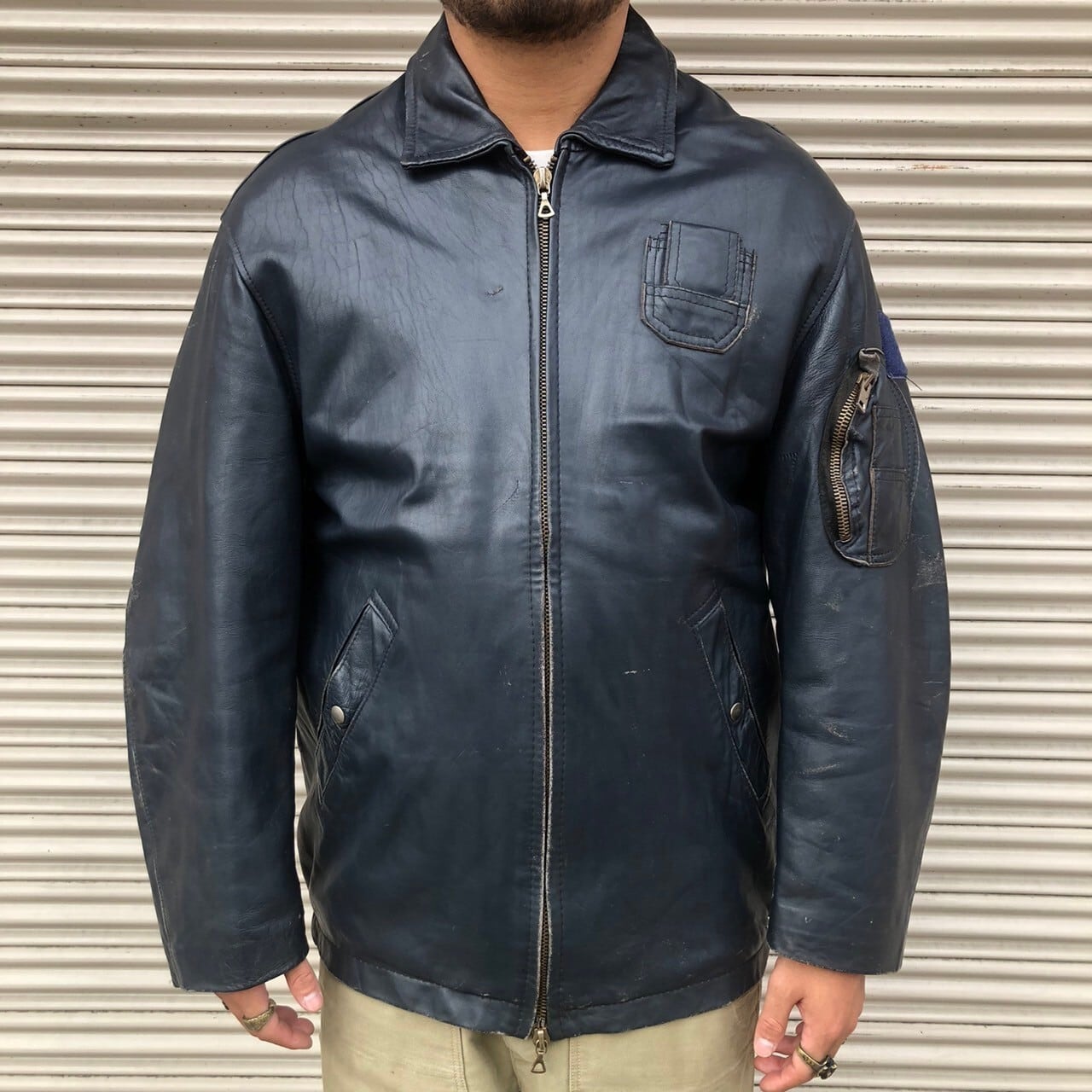 70sフランス軍 実物 ヴィンテージ パイロット レザー ミリタリー 100X