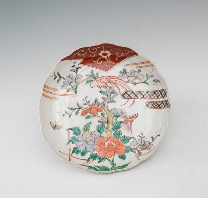 伊万里 色絵金彩 赤絵 花鳥図 蝶 鷹 唐草 蛸唐草 格子 輪花 七寸 7寸