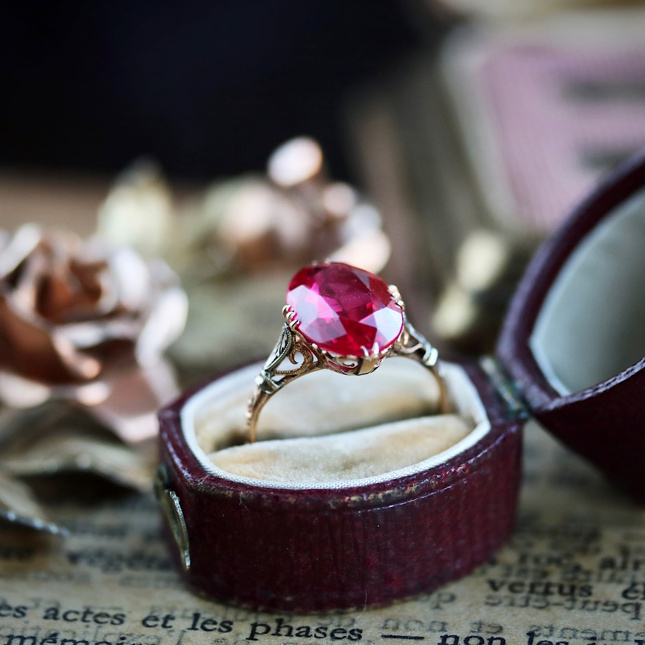 貴重】 K18 合成ルビー 二色金 戦前 和彫 ヴィンテージリング | 結