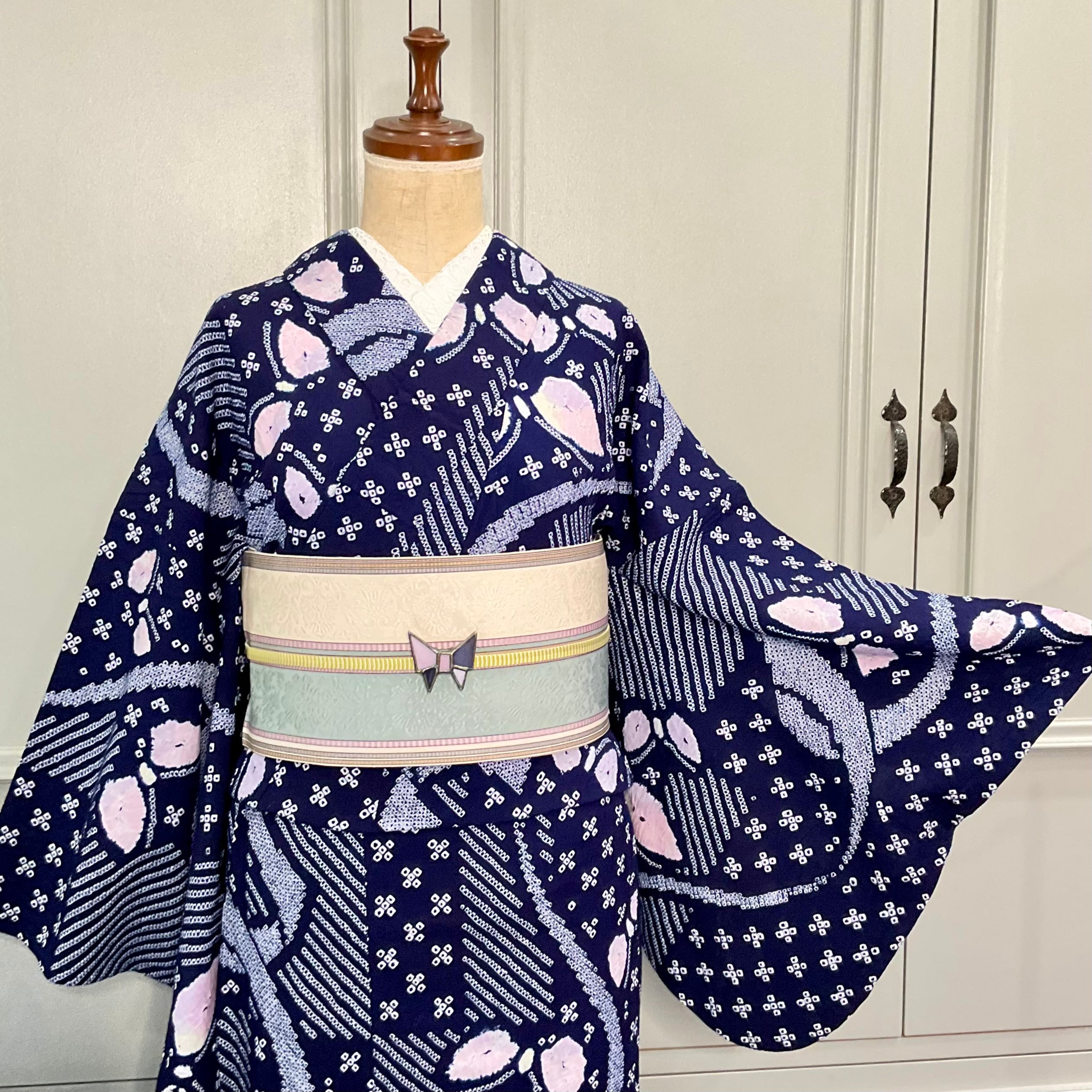 long＊リボンと蝶々＊濃紺 ネイビー 蝶 大人浴衣 有松鳴海絞り浴衣
