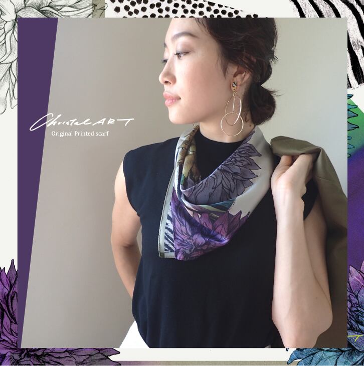 シルクスカーフ「ダリアの華」（パープル）50cm角 | Christal ART