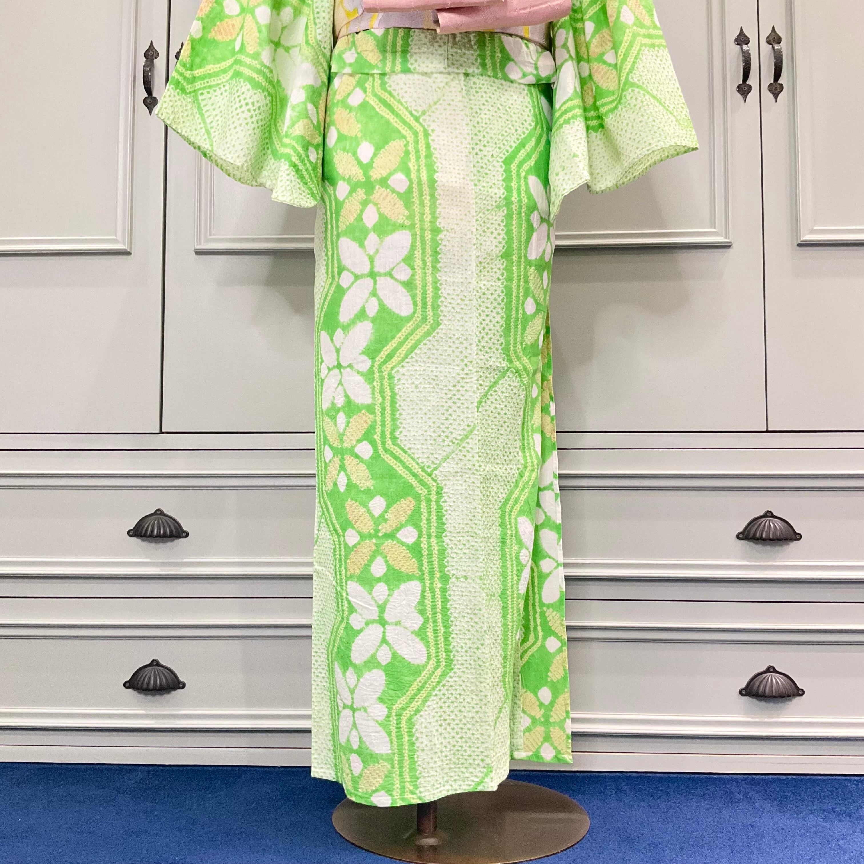 long＊apple green＊有松鳴海絞り浴衣 グリーン 花 爽やか A726