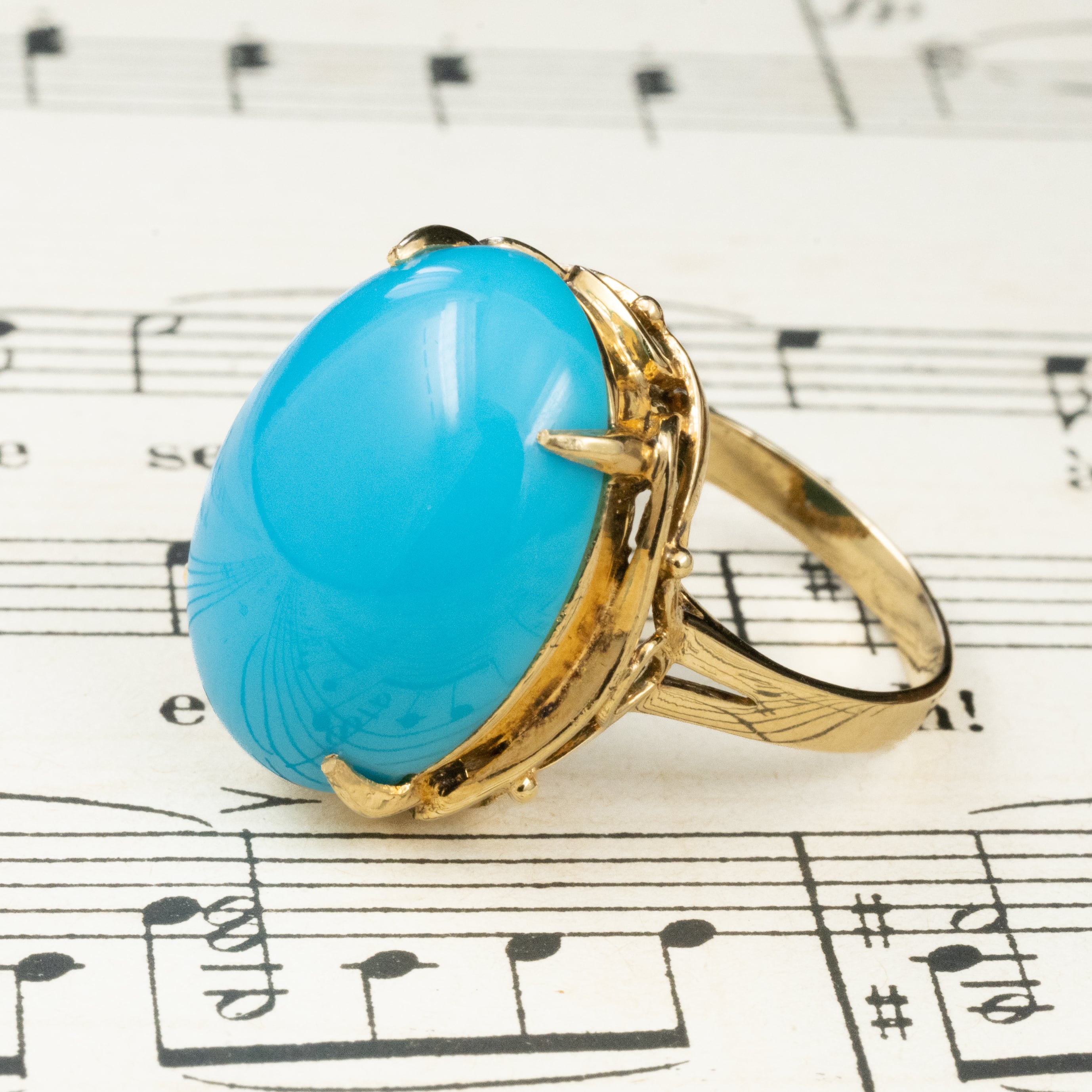 日本の作品】K18 昭和レトロ ターコイズ リング ～青空の下、明るい