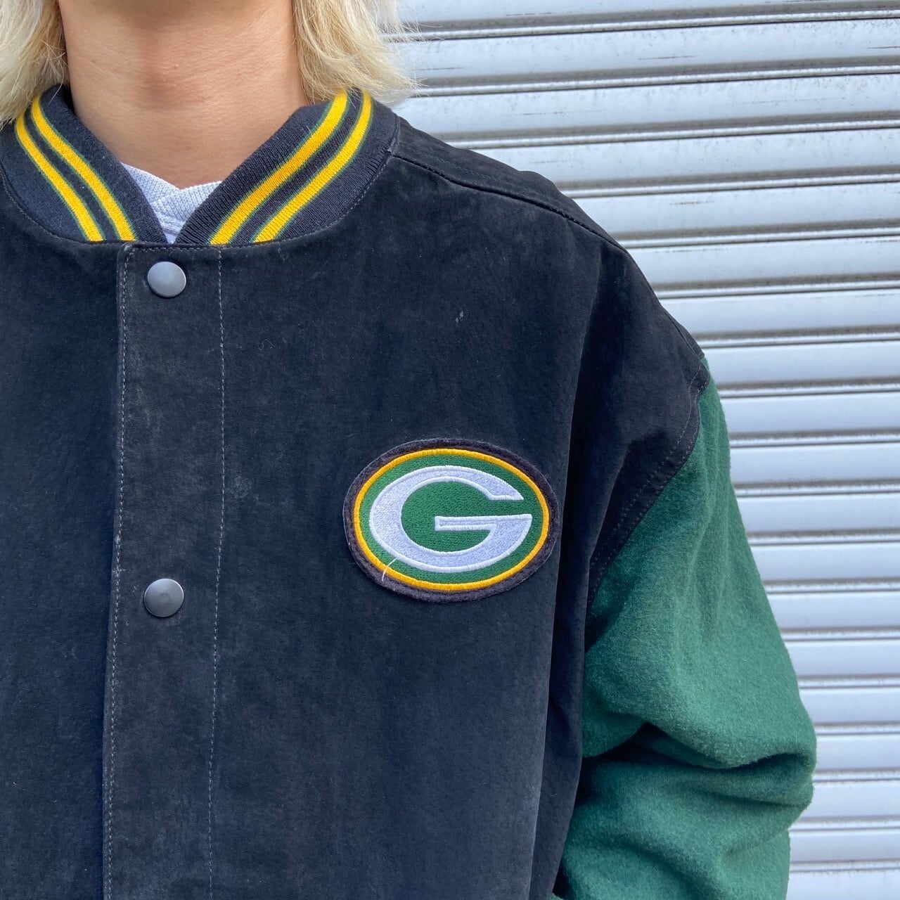 90s NFL グリーンベイ・パッカーズ レザー切り替えスタジャン ブラック