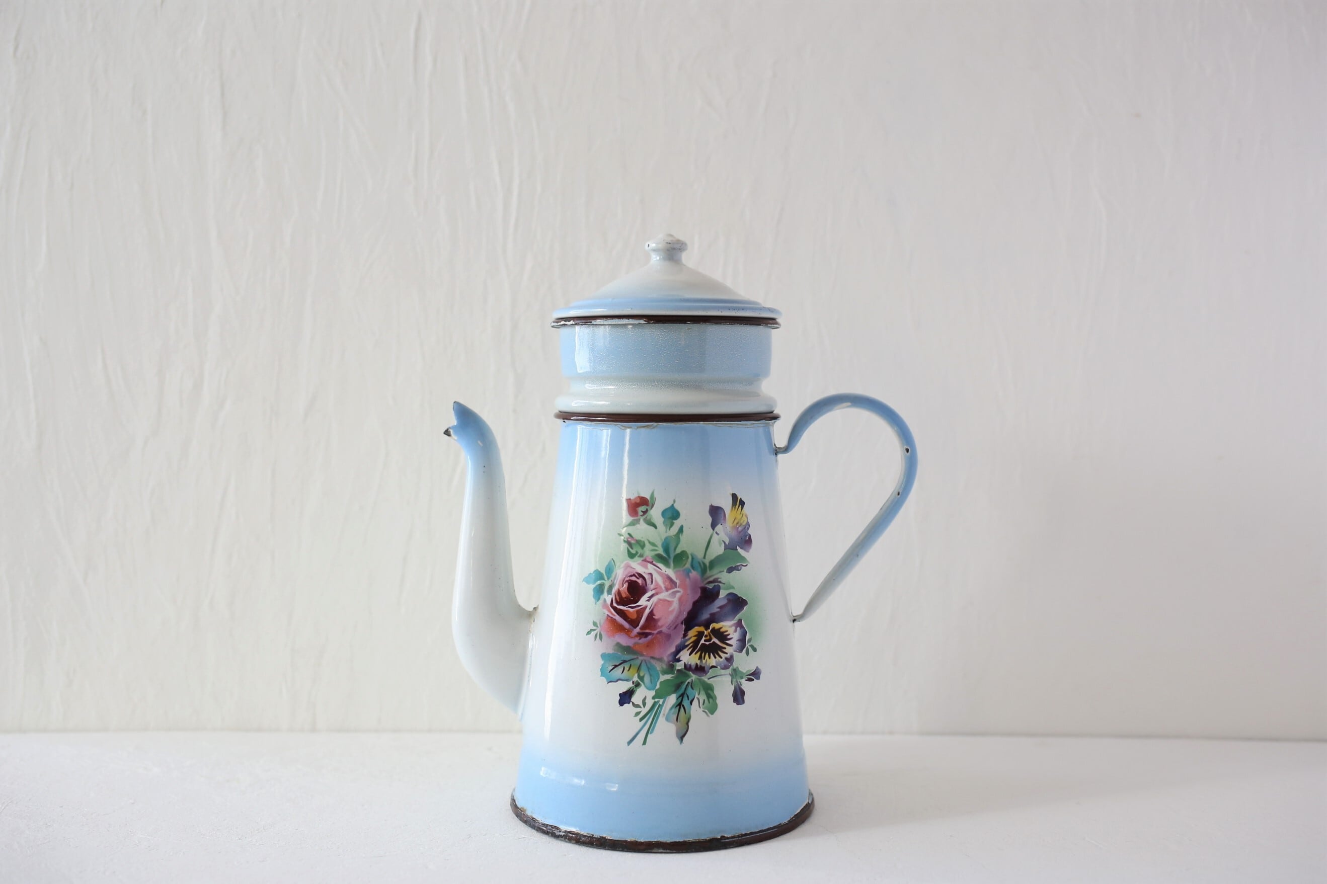 フランスアンティーク ホーロー パンジーの小さなお鍋 イエロー