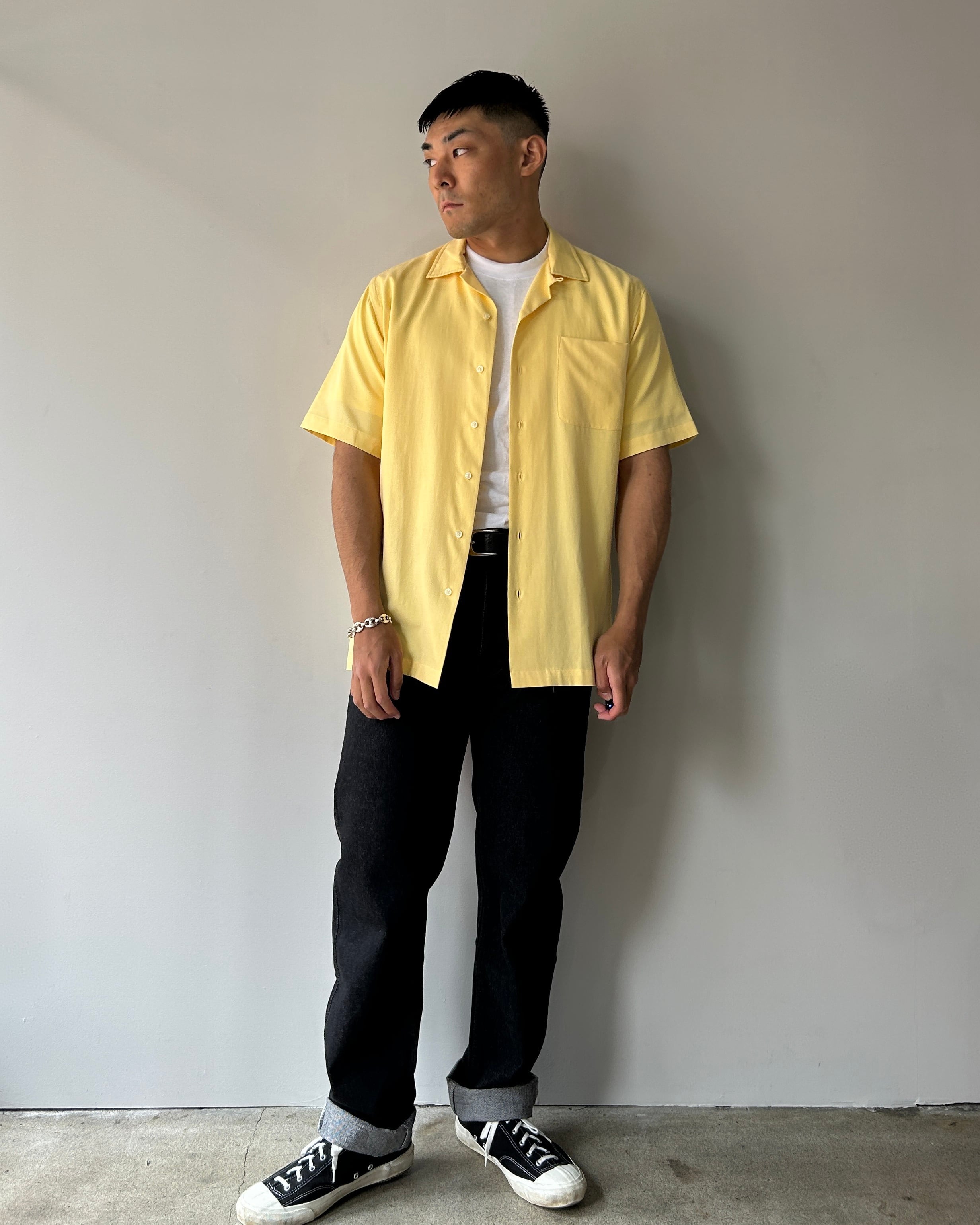 美品 S 完全無地 シルクコットン イエロー caldwell 黄色 半袖開襟