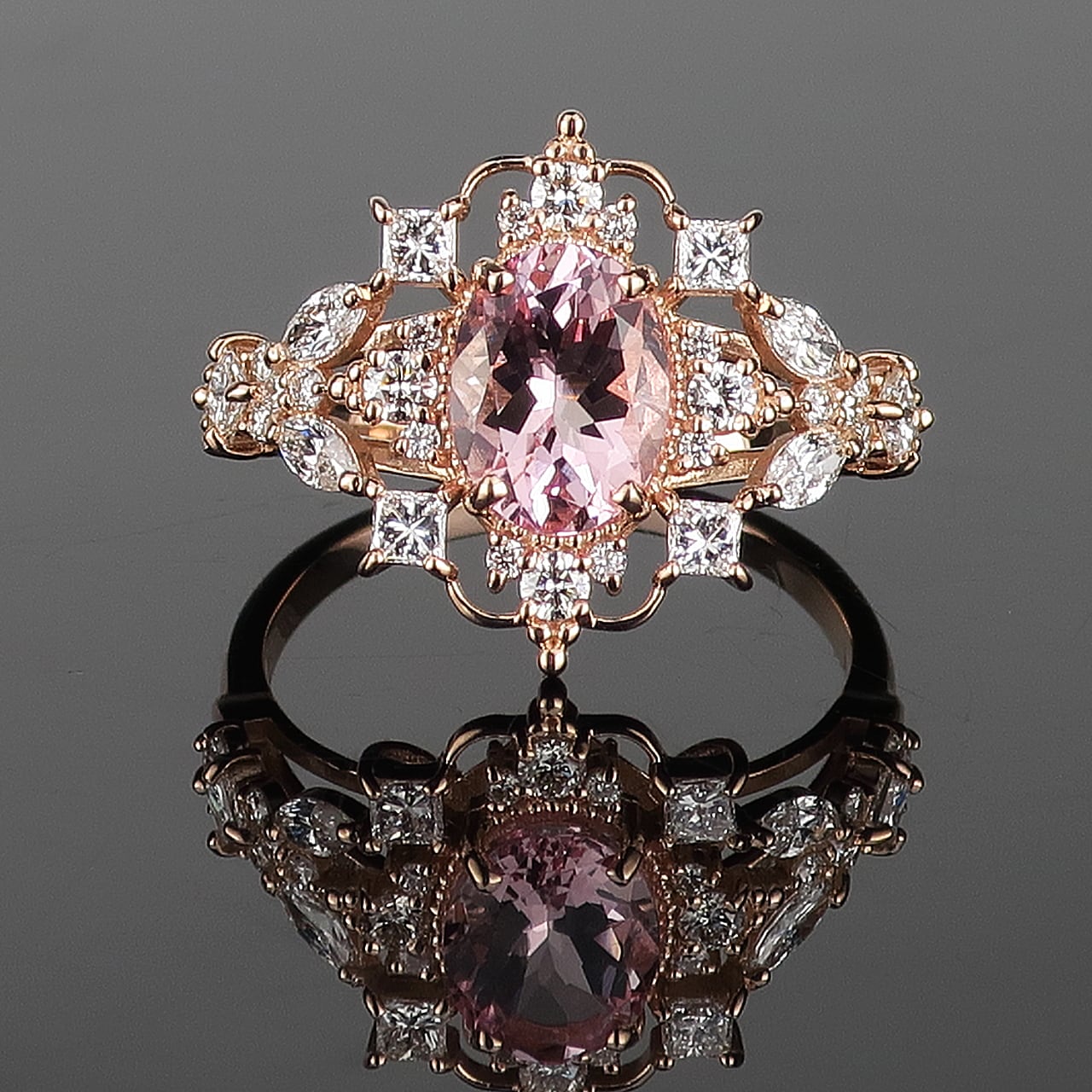 K18ピンクゴールド モルガナイト/ダイヤモンド0.8ct アンティーク風