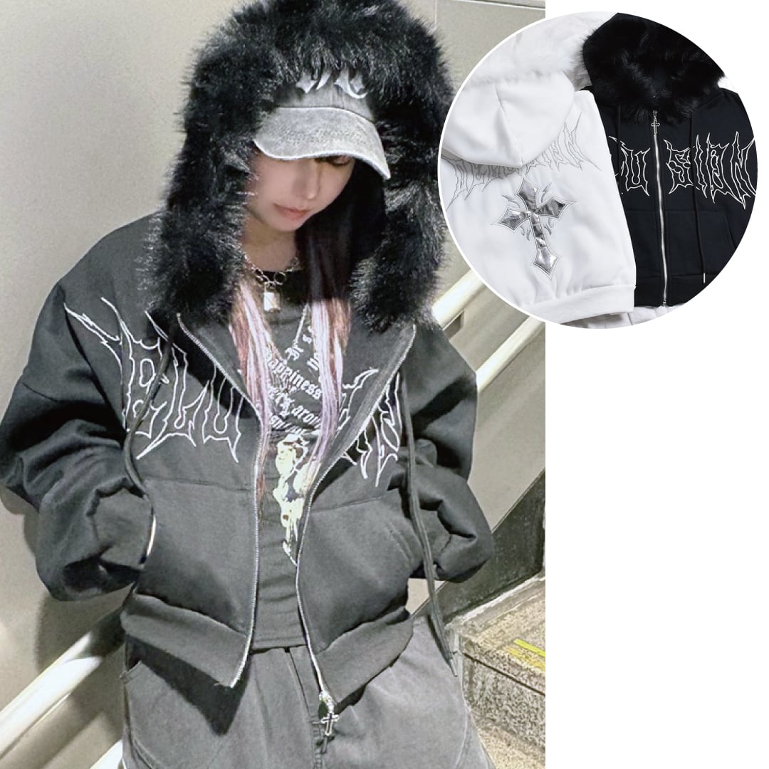 1/3新着】ショート丈 メタルクロスフードファーZIPパーカー(裏起毛