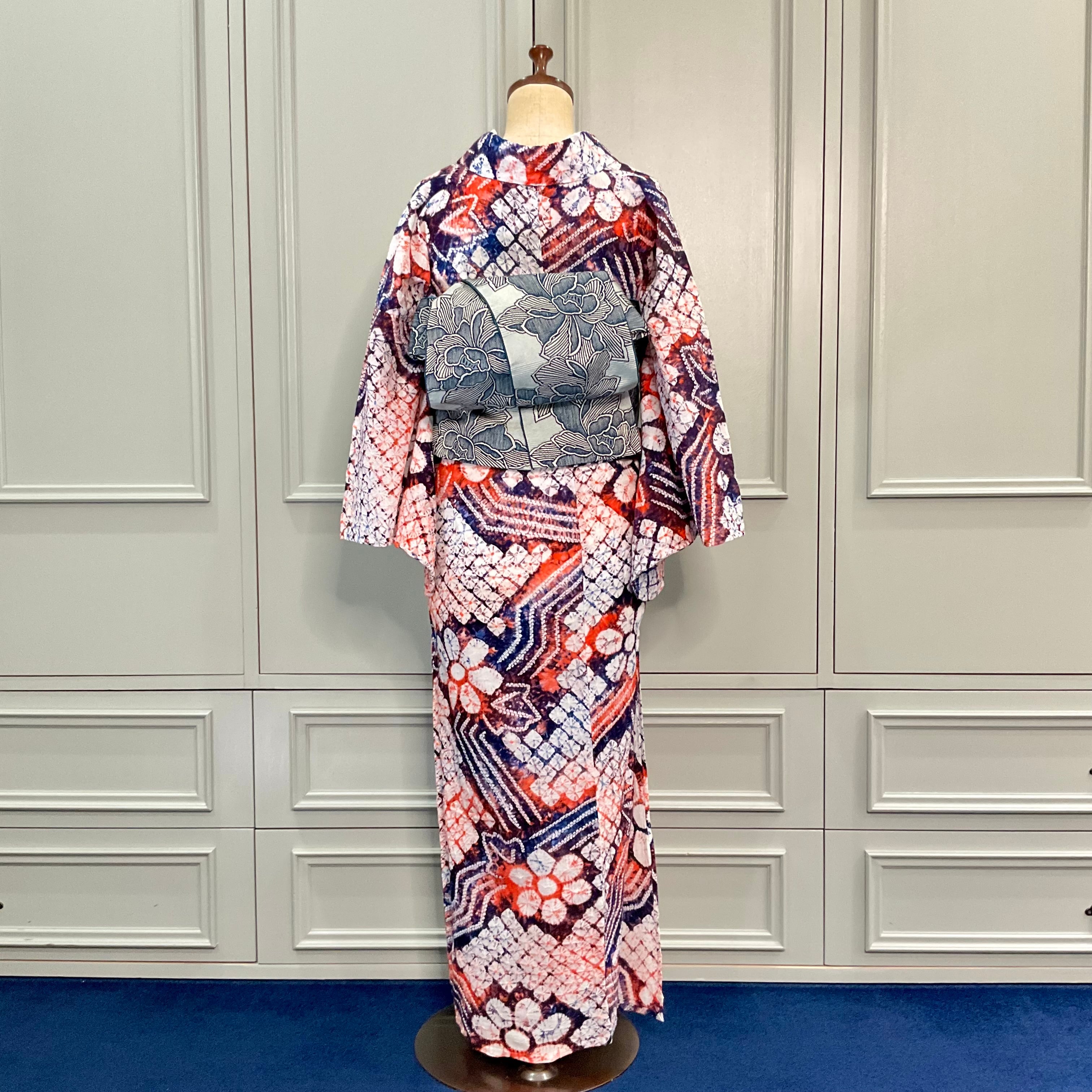 prominence＊有松鳴海絞り浴衣 オレンジ ネイビー 橙 濃紺 A740