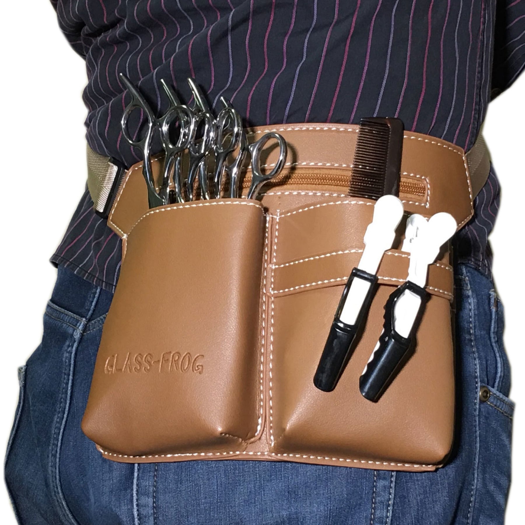 シザーケース キャメル―ベージュ ウエストポーチ ハサミ5丁 PUレザー