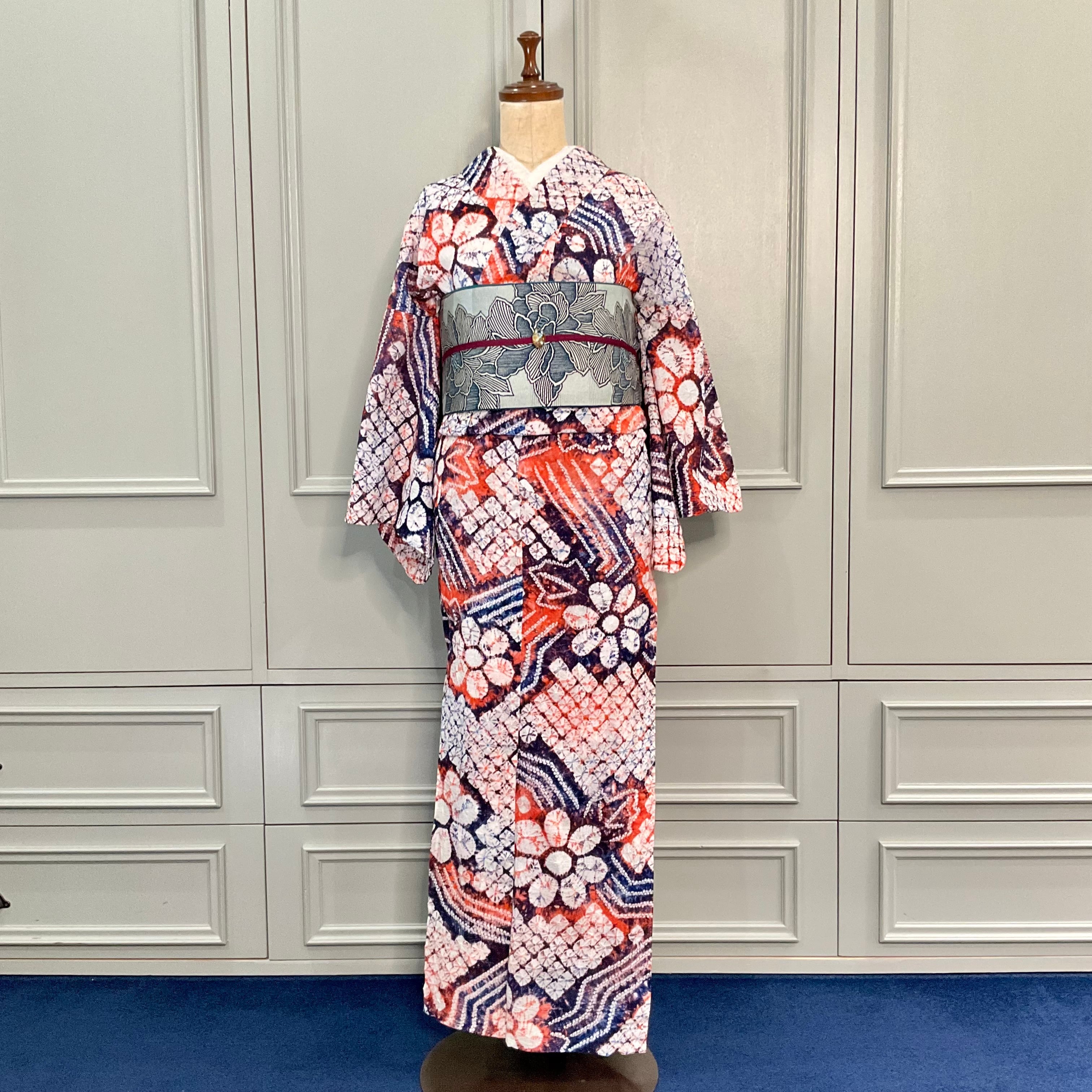 prominence＊有松鳴海絞り浴衣 オレンジ ネイビー 橙 濃紺 A740