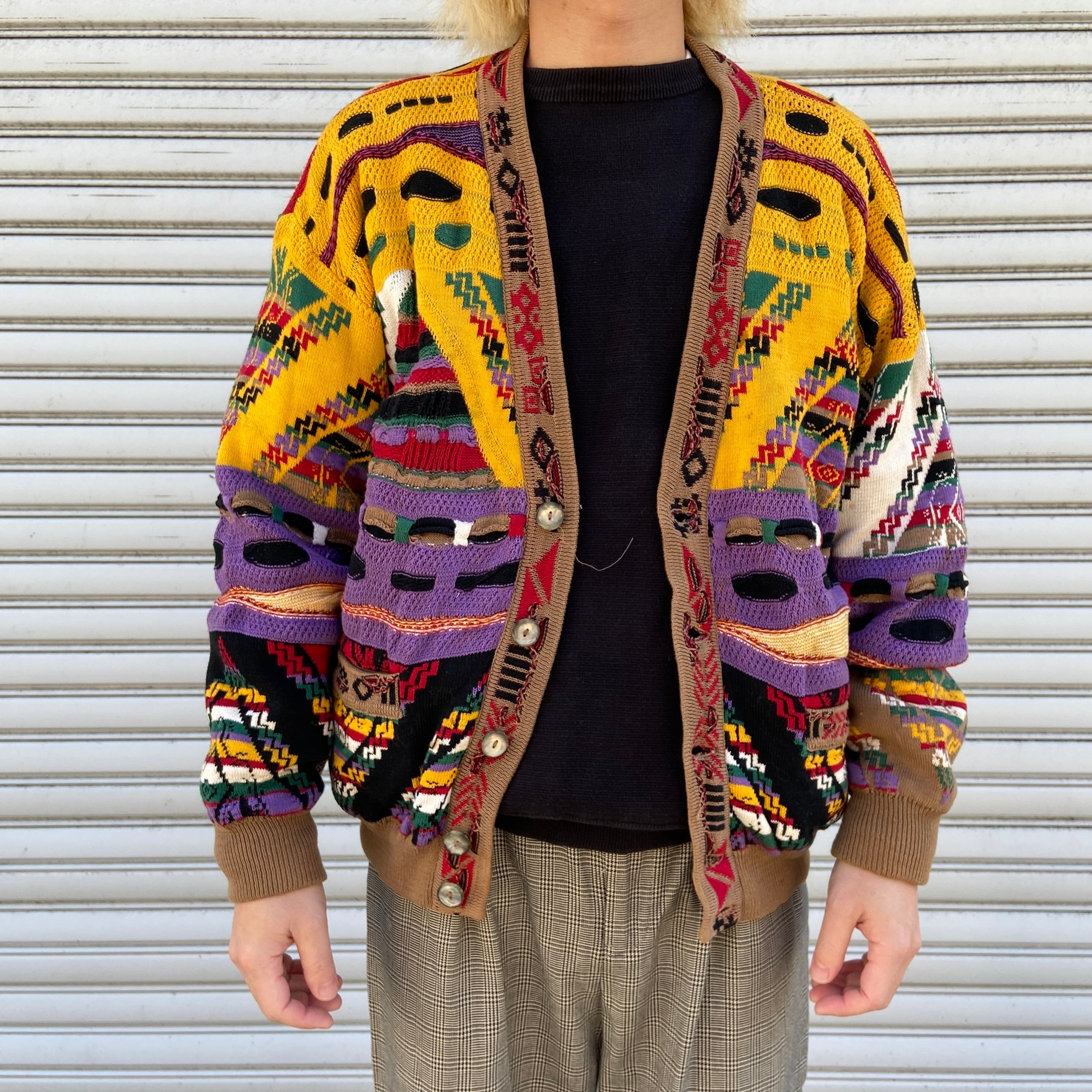 90s COOGI クージー 3Dニットカーディガン 総柄ニット 黄色 M | 古着屋 Uan