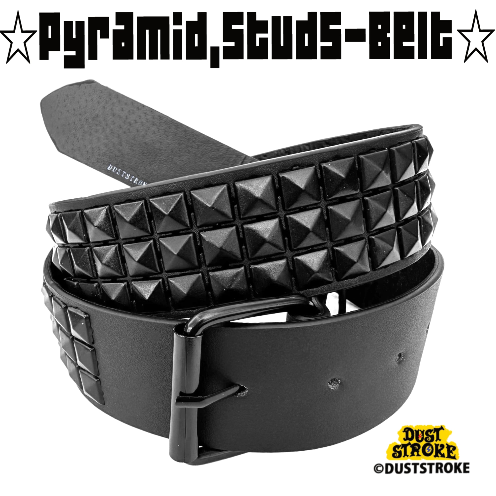3連 ピラミッド スタッズ ベルト 鋲 PU レザー 黒 ブラック シルバー