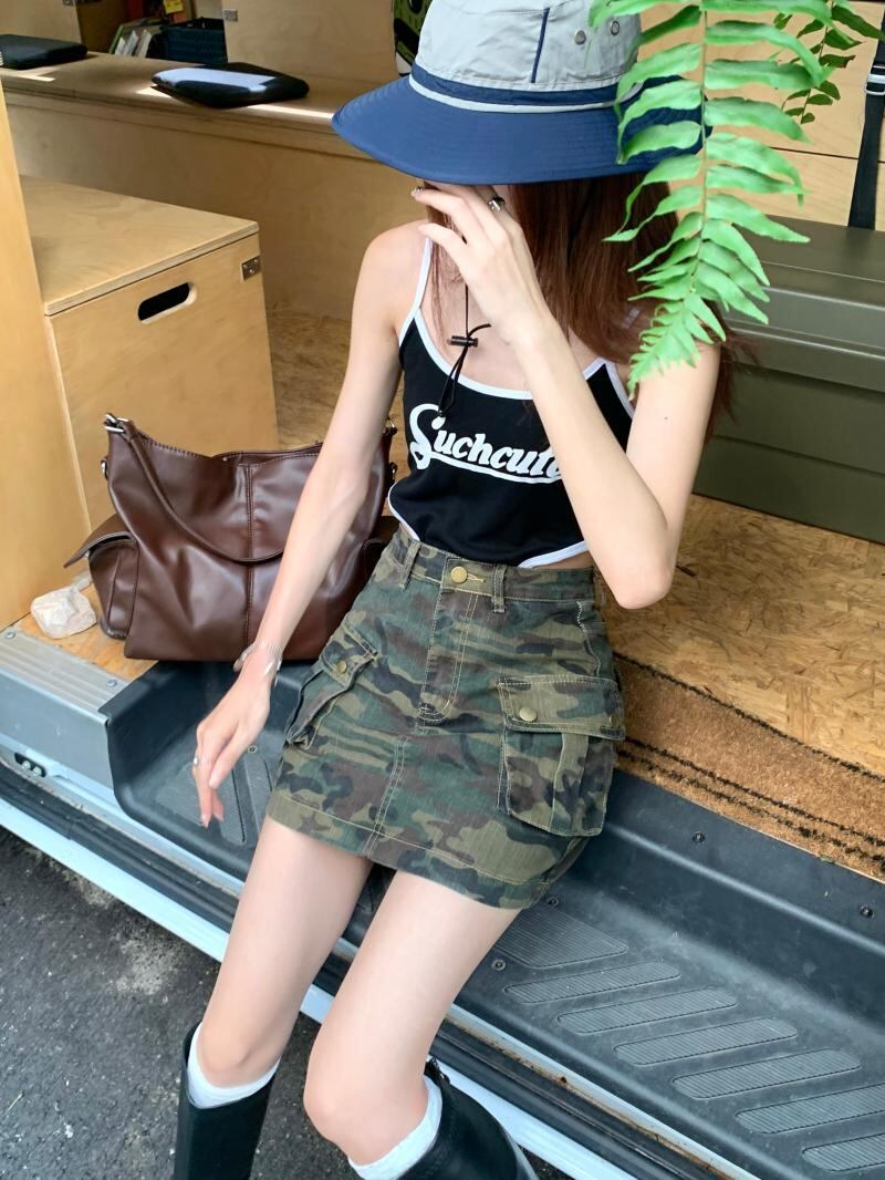 スタンダード迷彩柄スカート サマーハイウェストウェスト薄手Aライン