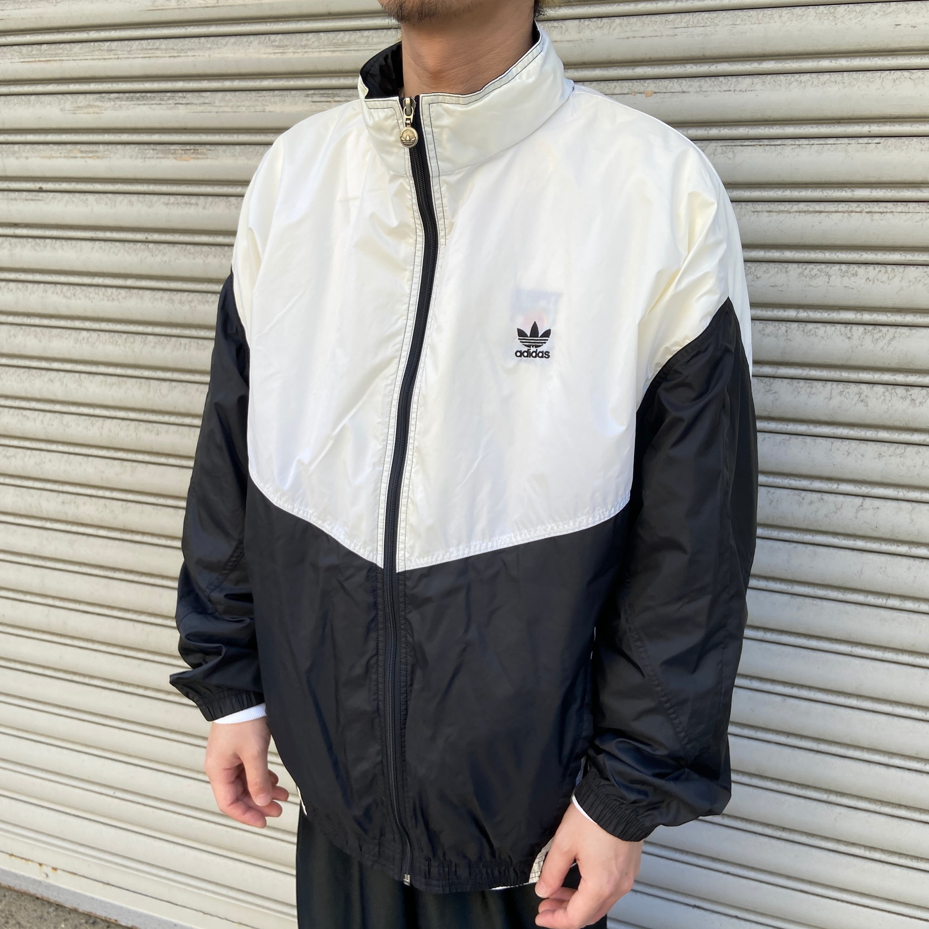 90s adidas ナイロンジャケット トレフォイルロゴ 3本線 白黒 L | 古着