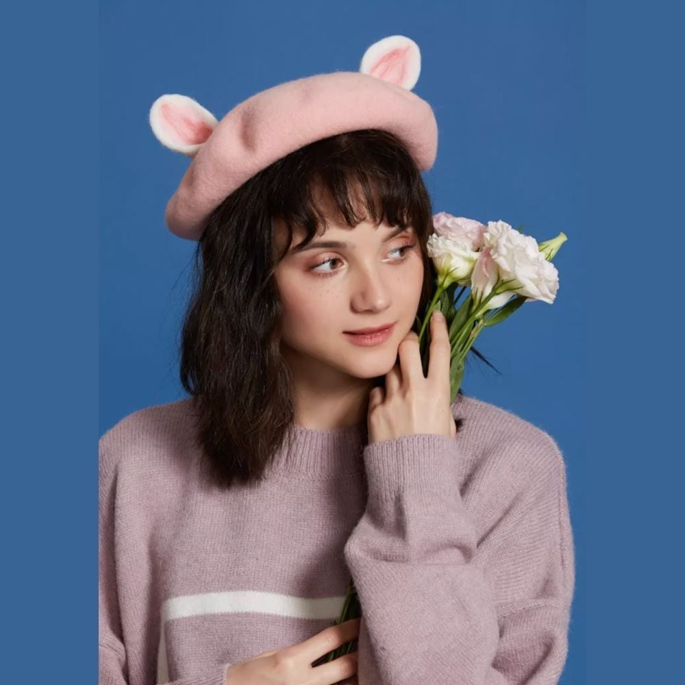 白猫、ピンク猫耳付ウールフェルトベレー帽 E00285 | EMMA GRAND