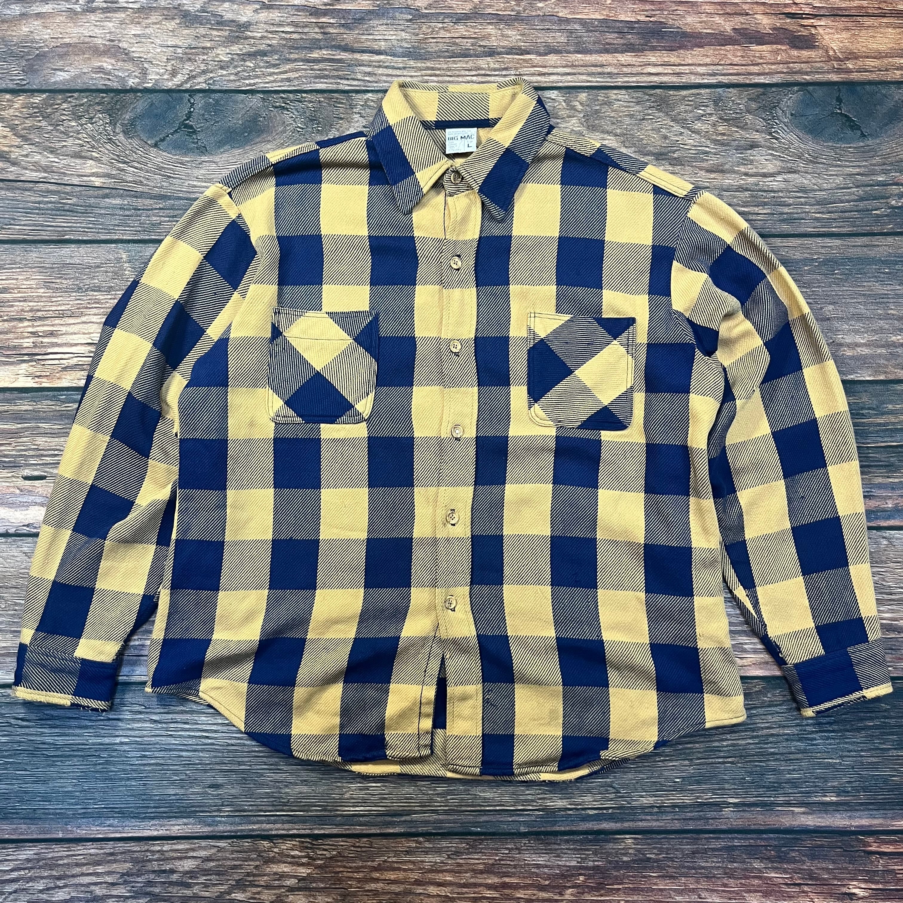 70's USA製 BIG MAC ネルシャツ ブロックチェック イエロー＆ネイビー