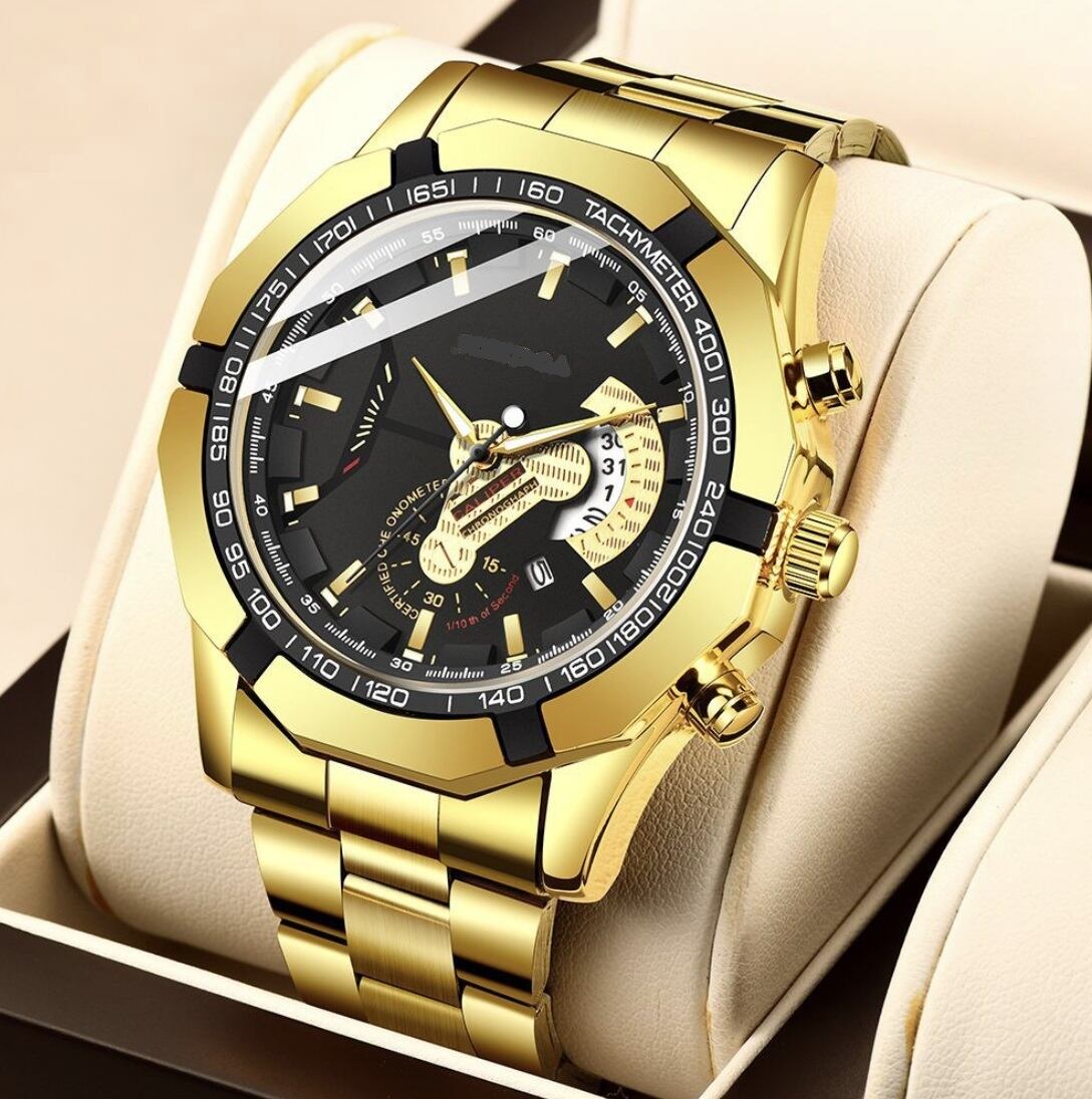 新品 クロノグラフ GENEVA 腕時計メンズ ラグジュアリーブラック黒金