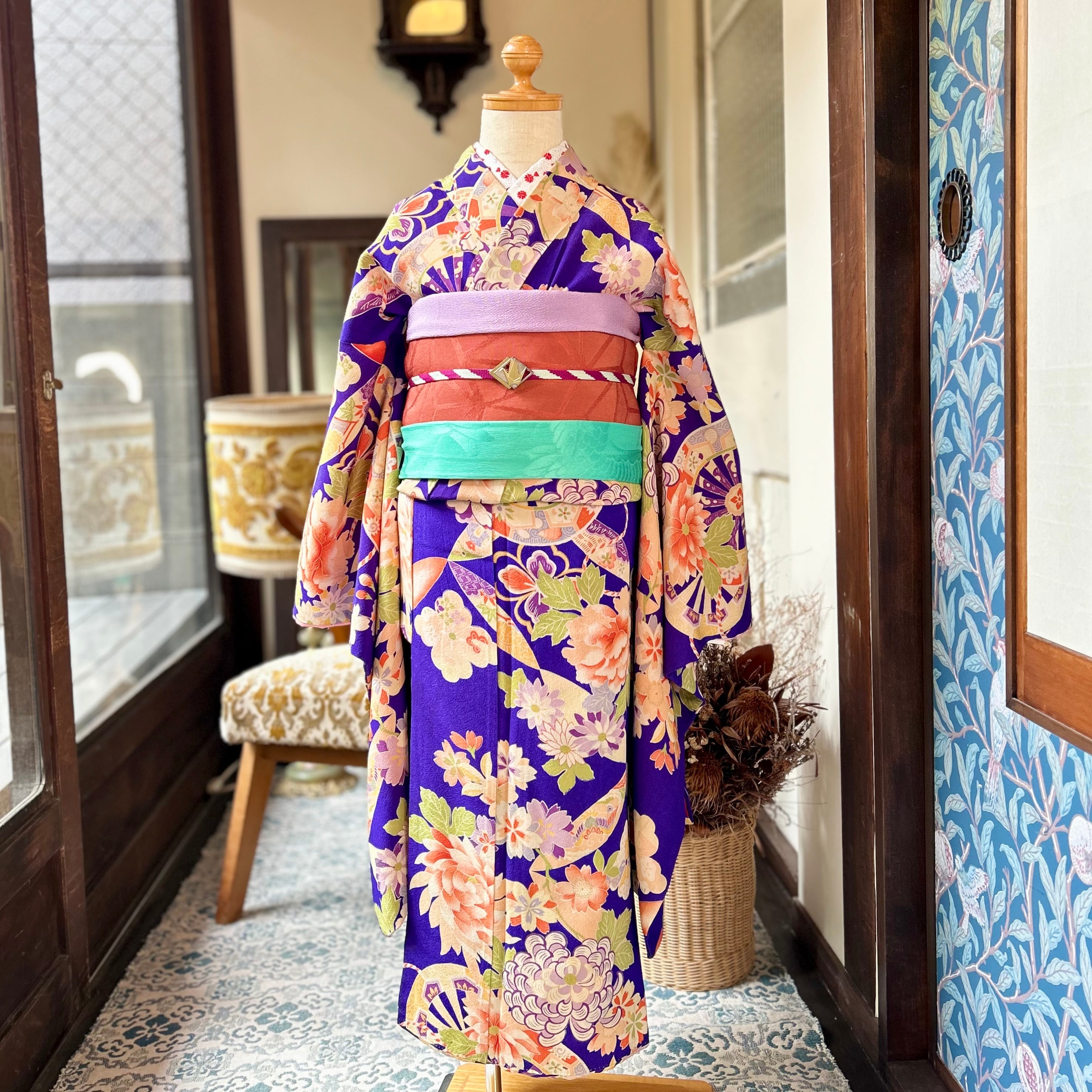 7歳 七五三 源氏車 菊 赤 紫 アンティーク子供着物 A762 | kimono tento