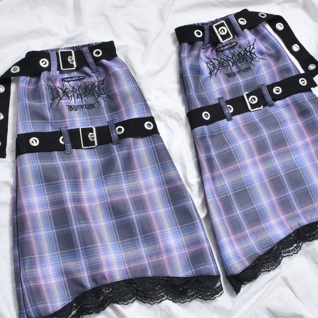 サブカル刺繍☆チェック柄レッグウォーマー(PURPLE) | VOLCAN&APHRODITE