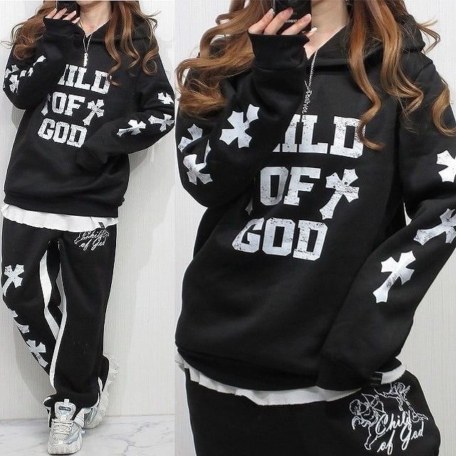 SET UP】ストリート クロス 十字架 ロゴ パーカー＆パンツ 上下