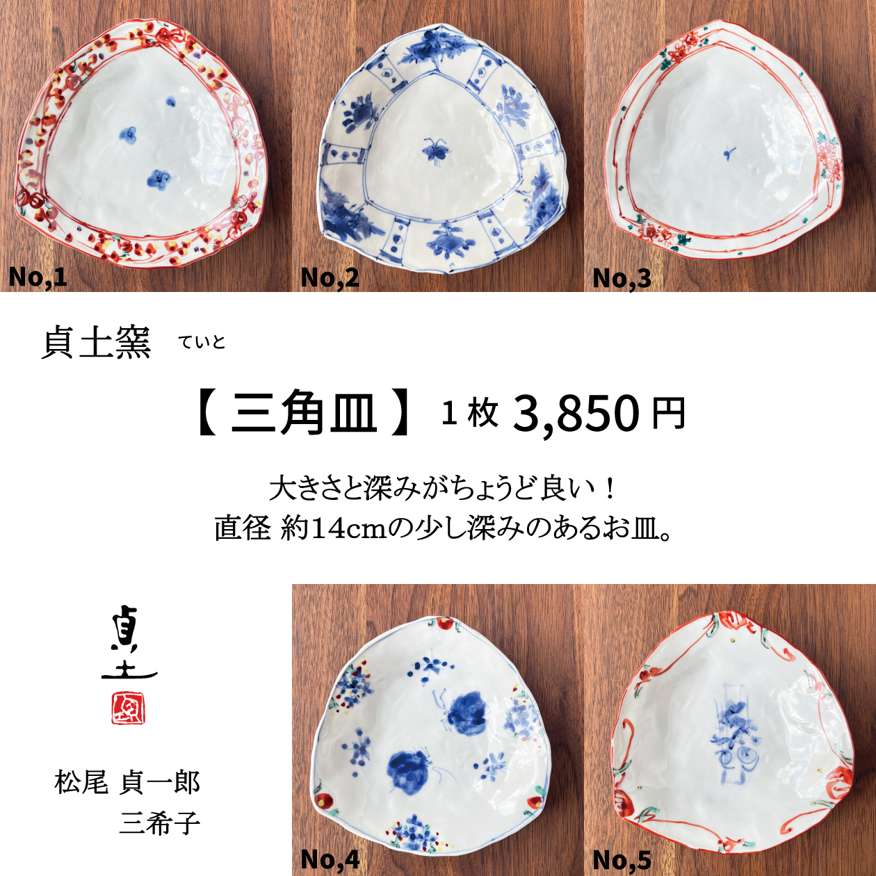 松尾貞一郎 ｜ 三角皿 約14㎝（No,1吹き墨渦紋 No,2赤福紋 No,3 染付塔