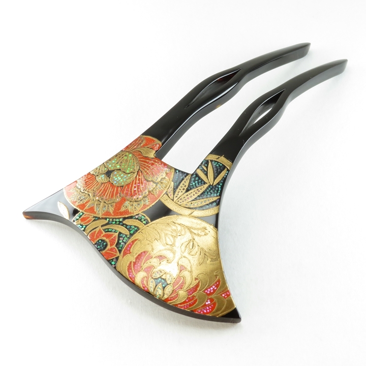 鼈甲 簪 螺鈿蒔絵 吉祥文様 (菊・水仙・竹・牡丹) 波型 かんざし