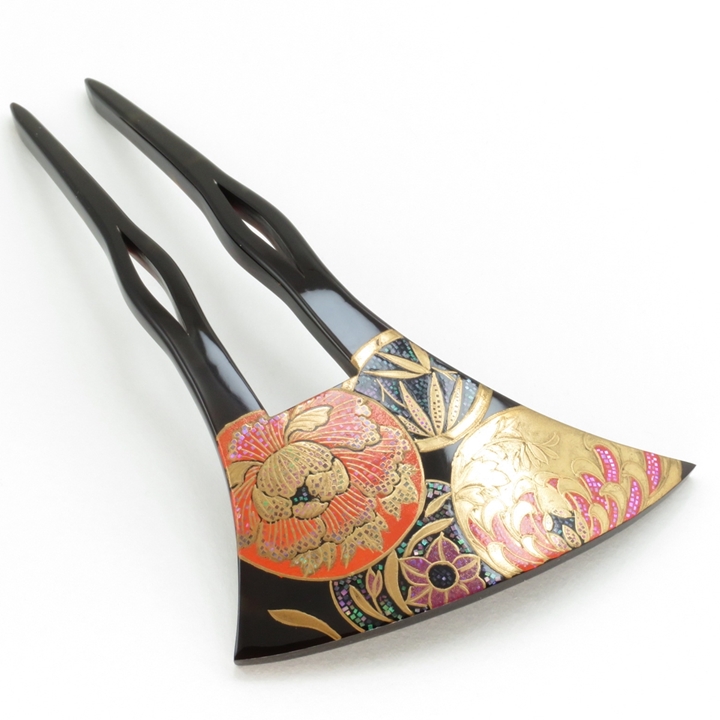 鼈甲 簪 螺鈿蒔絵 吉祥文様 (菊・水仙・竹・牡丹) 山型 かんざし