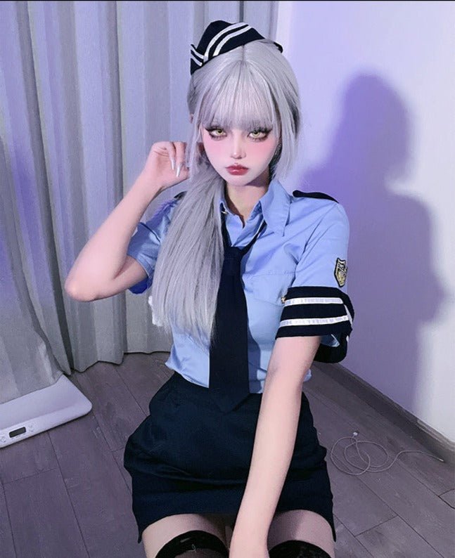 POLICE婦人警官コスプレトップス＋スカート＋ネクタイ＋帽子セット