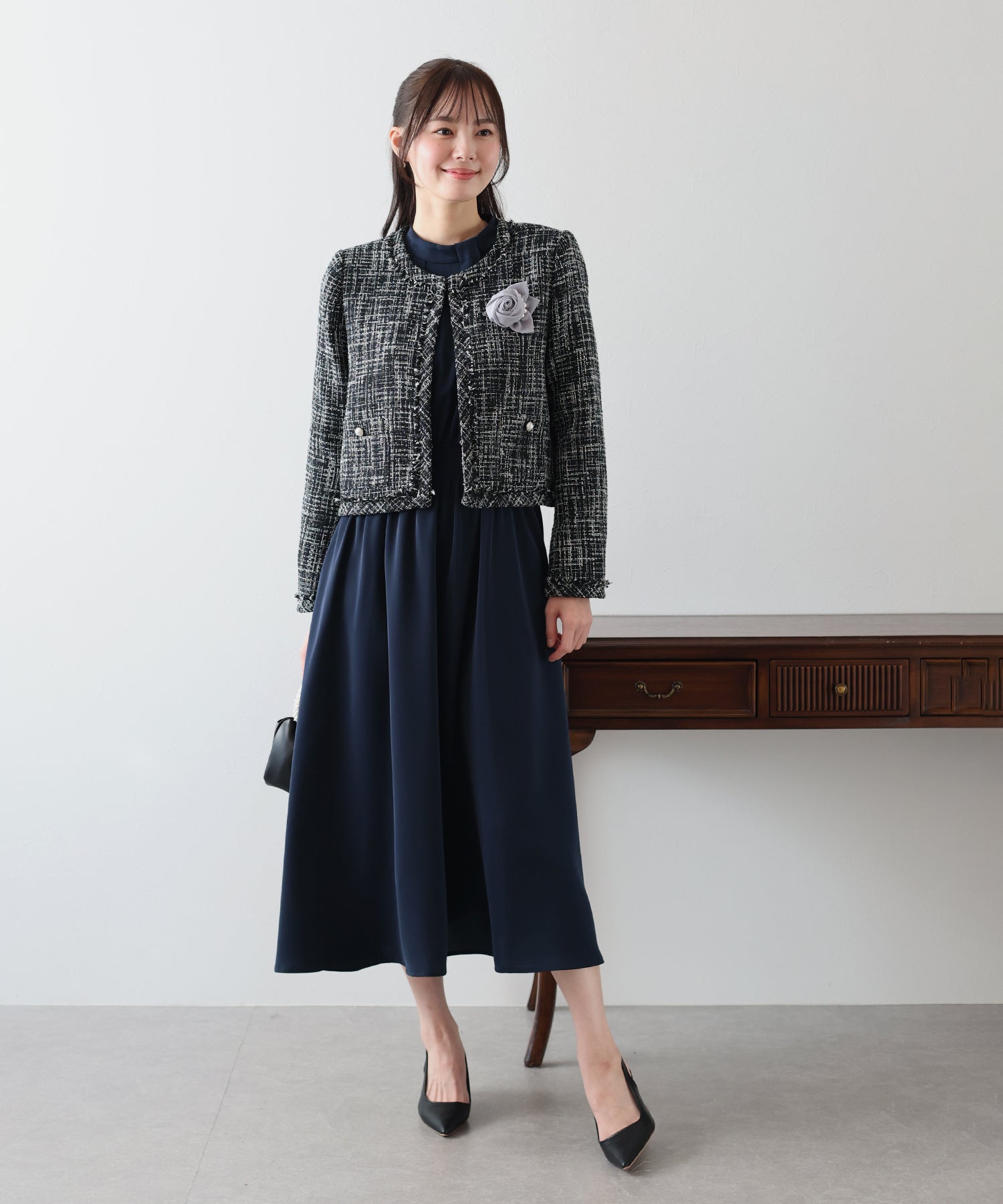 SALE】ミックスツイードノーカラージャケットxスタンドカラータック