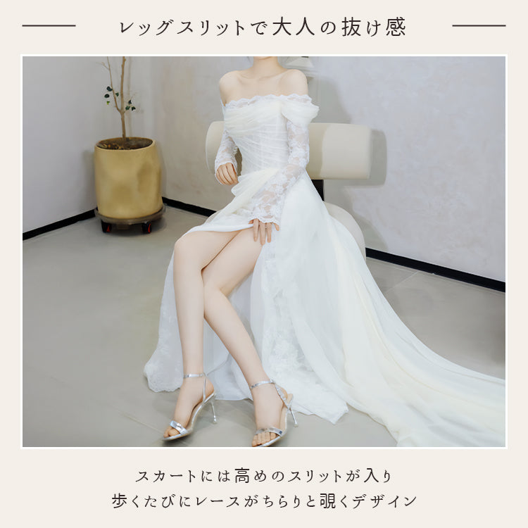 wd703sx】レーススリーブオフショルダースリットドレス スレンダー