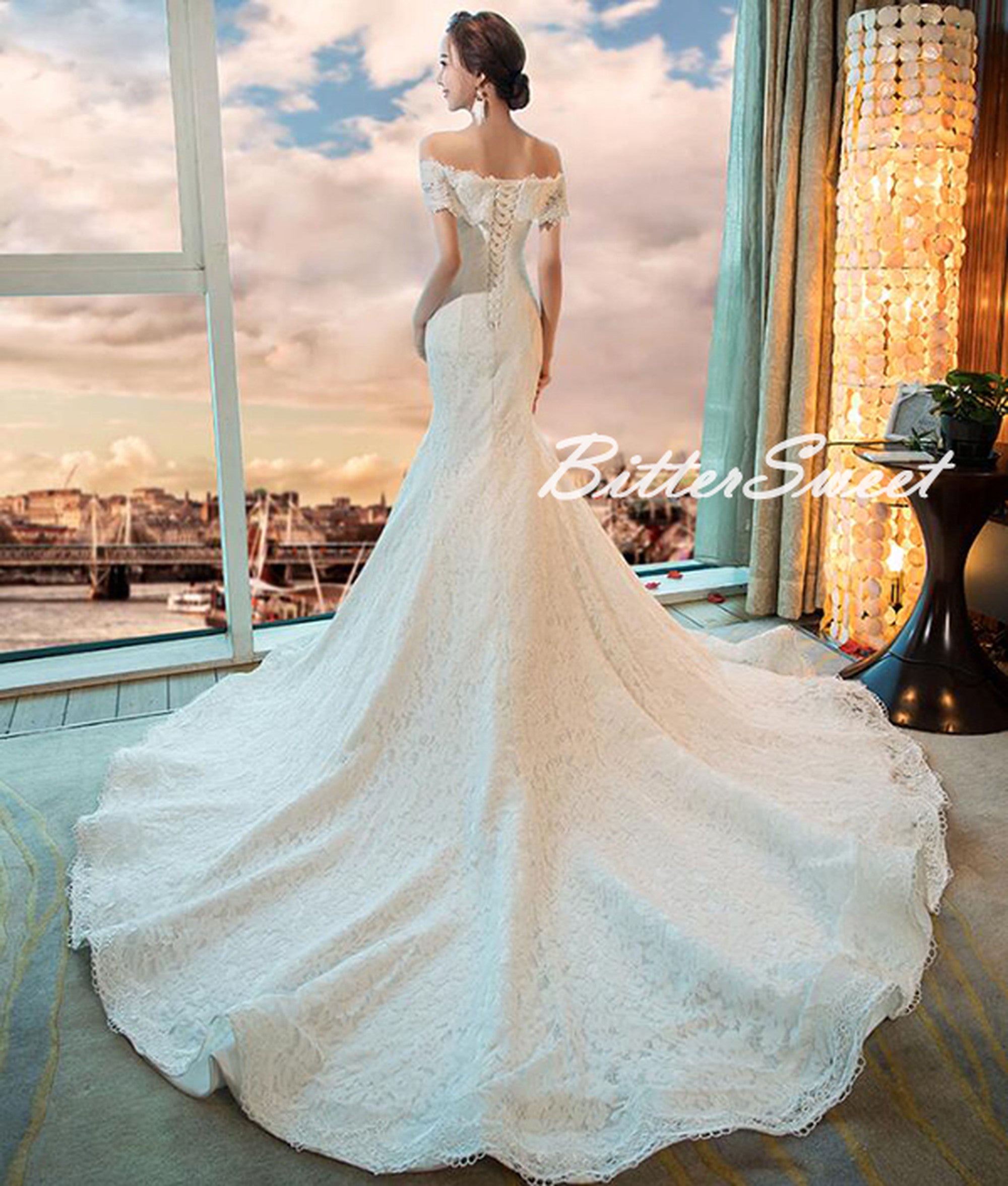 wd109fr】オフショルダー総レース編み上げマーメイドドレス マーメイド