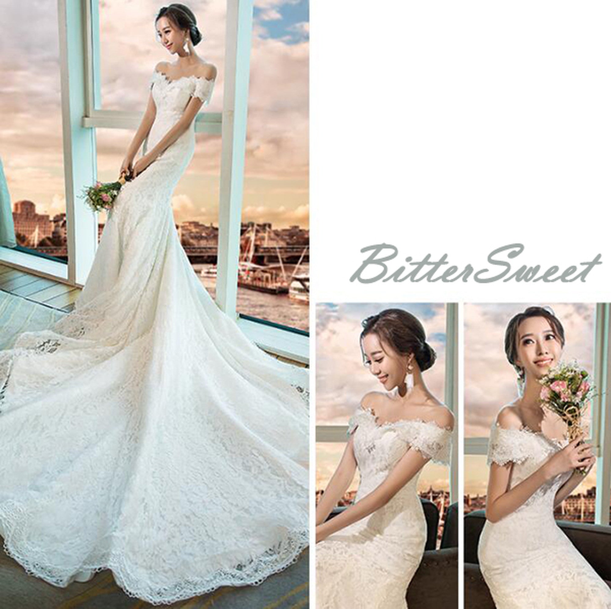 wd109fr】オフショルダー総レース編み上げマーメイドドレス マーメイド